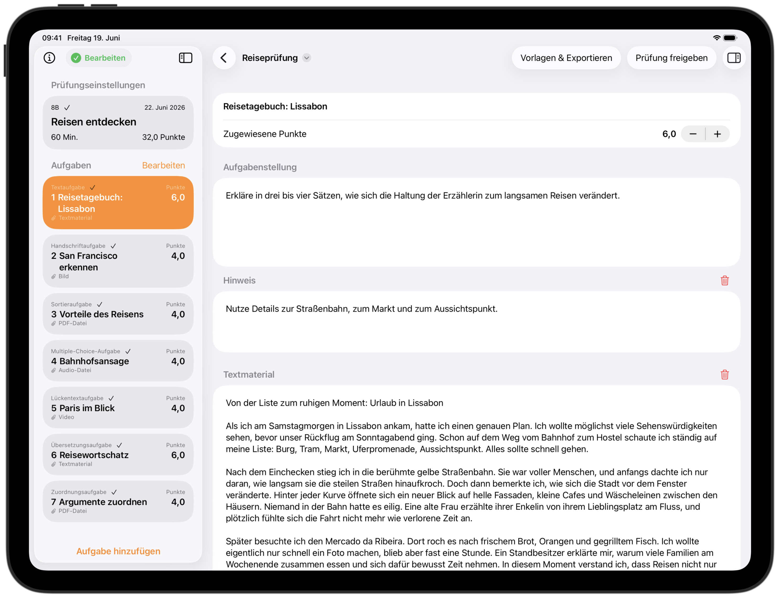 Exam Editor on iPad while editing a text question with supporting material.