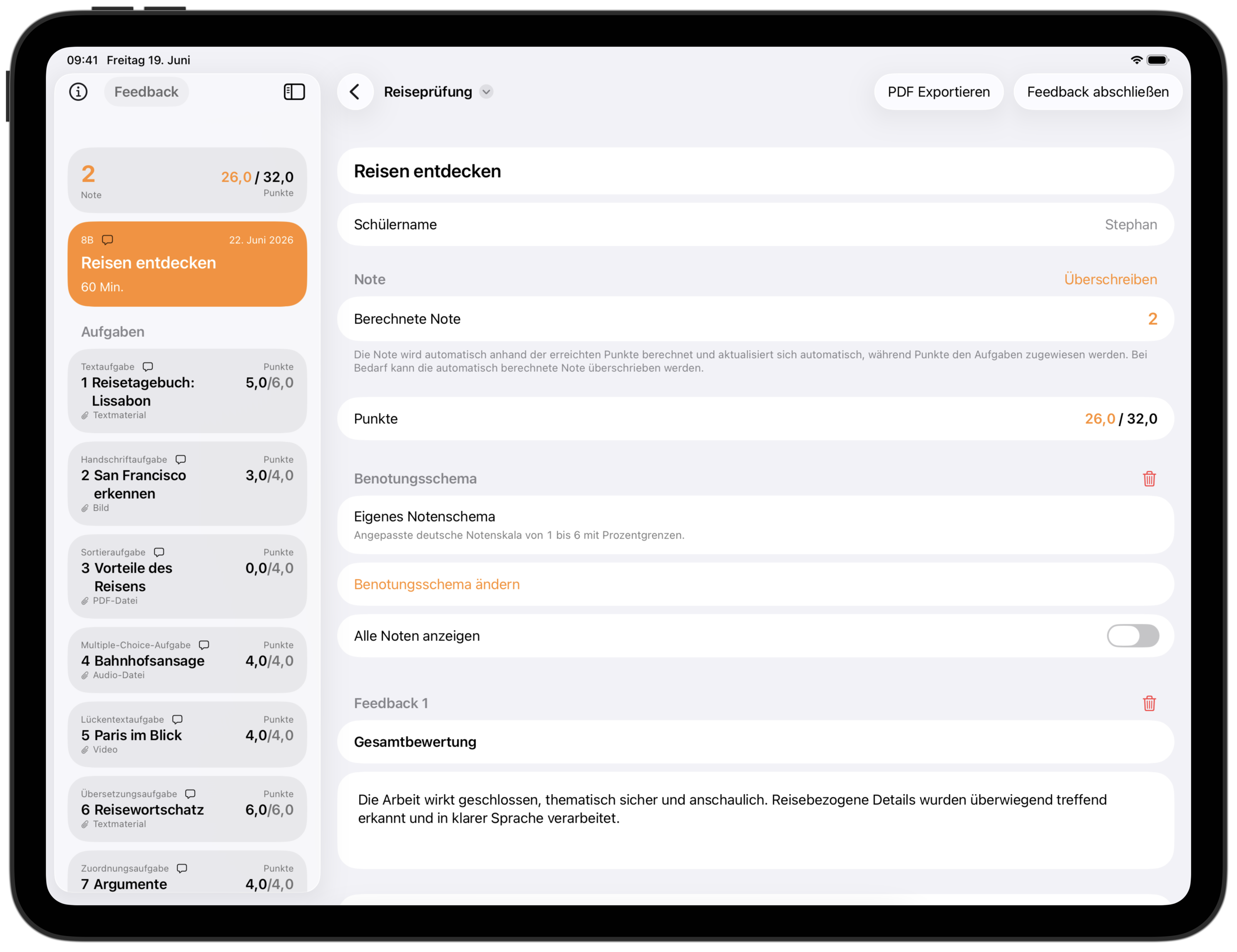 Feedback view in Exam Editor with points, grade, and overall assessment.